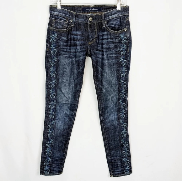 Driftwood Boho Floral Embroidered Sides Mid Rise Denim Blue Jeans - Picture 1 of 5